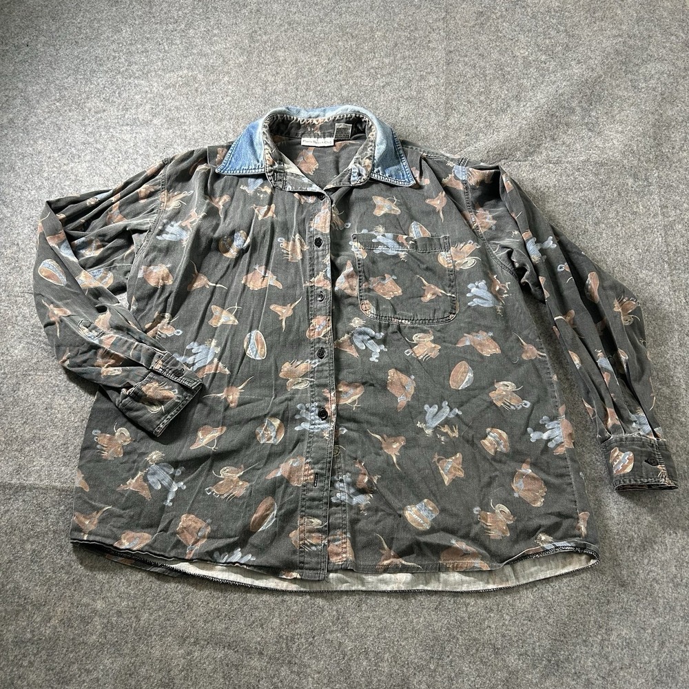 Vintage Paris Sports Club Shirt Mens Medium Button Cotton Y2K Western Cowboy